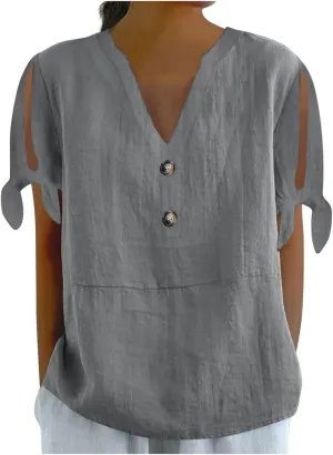 Women's Cotton Linen Shirt Fashion Belted Short Sleeve Tops Summer Loose Button Blouses Beach Vacation Clothes 2025