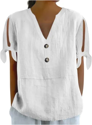 Women's Cotton Linen Shirt Fashion Belted Short Sleeve Tops Summer Loose Button Blouses Beach Vacation Clothes 2025