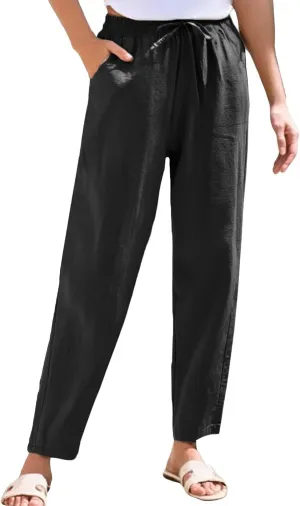 Women's Cotton Linen Straight Leg Pants Elastic Drawstring Casual Trousers with Pockets Summer Pants for Women