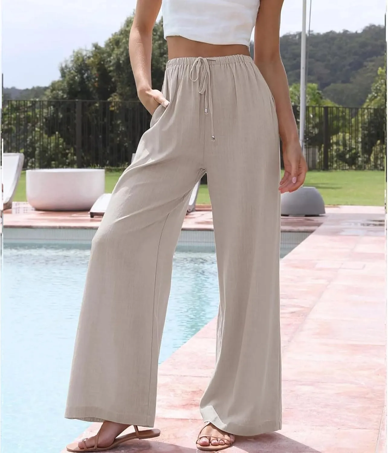 Women's Cotton Linen Summer Palazzo Pants High Waisted Drawstring Wide Leg Pants Beach Flowy Trousers with Pockets