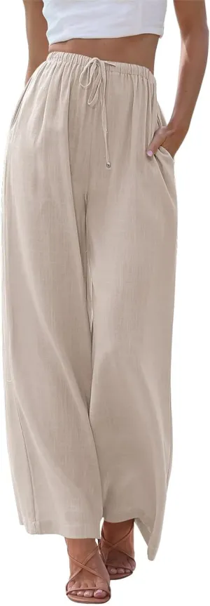 Women's Cotton Linen Summer Palazzo Pants High Waisted Drawstring Wide Leg Pants Beach Flowy Trousers with Pockets