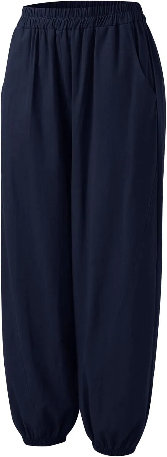 Womens Cotton Linen Trousers High Waist Elastic Waist Jogger Pants Solid Casual Wide Leg Pant Summer Vacation Clothes