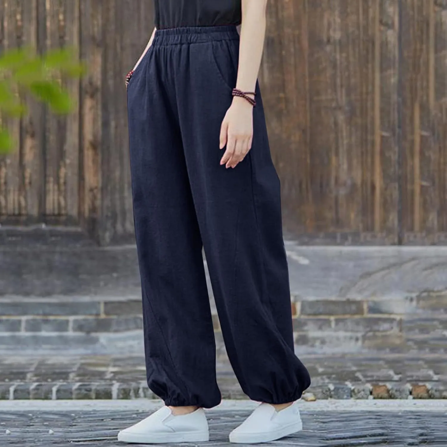 Womens Cotton Linen Trousers High Waist Elastic Waist Jogger Pants Solid Casual Wide Leg Pant Summer Vacation Clothes