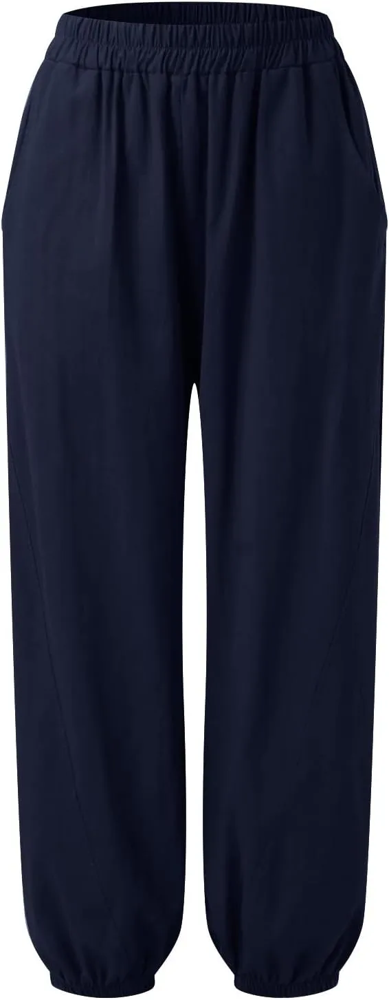 Womens Cotton Linen Trousers High Waist Elastic Waist Jogger Pants Solid Casual Wide Leg Pant Summer Vacation Clothes