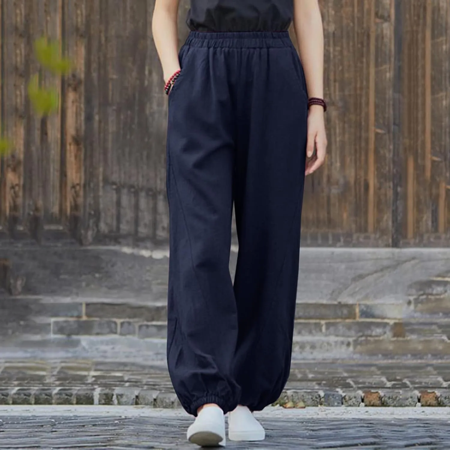 Womens Cotton Linen Trousers High Waist Elastic Waist Jogger Pants Solid Casual Wide Leg Pant Summer Vacation Clothes