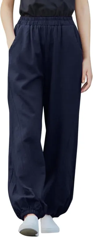 Womens Cotton Linen Trousers High Waist Elastic Waist Jogger Pants Solid Casual Wide Leg Pant Summer Vacation Clothes
