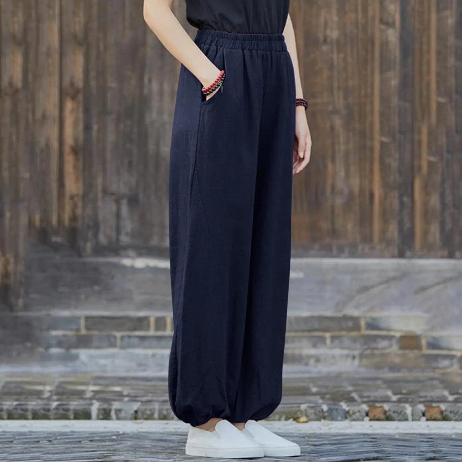 Womens Cotton Linen Trousers High Waist Elastic Waist Jogger Pants Solid Casual Wide Leg Pant Summer Vacation Clothes