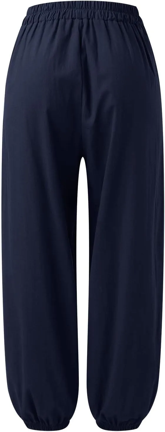 Womens Cotton Linen Trousers High Waist Elastic Waist Jogger Pants Solid Casual Wide Leg Pant Summer Vacation Clothes