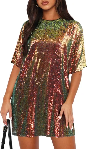 Women's Crew Neck Sequin Dress for Women Sexy V Neck Shirt Dress Sparkly Half Sleeve Loose Party Club Cocktail Dress