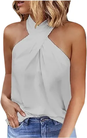 Womens Criss Cross Halter Tops Summer Sleeveless Sexy Casual Lightweight Tank Top Backless Trendy Blouse