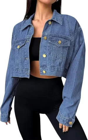 Women's Cropped Denim Jean Jacket Button Down Frayed Washed Long Sleeve Casual Jacket Coats