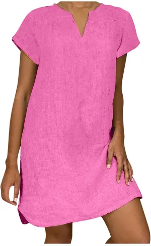 Womens Dress Plus Size Short Sleeve Notch Neck Mini Dress Summer Loose Comfy Cotton Linen Dresses for Teen Girls