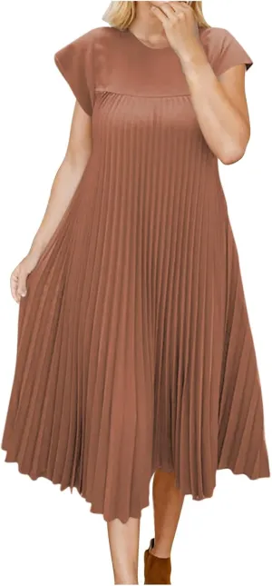 Womens Dresses Casual A-Line Swing Pleated Beach Dress 2025 Summer Short Sleeve Crew Neck Mini Dress for Ladies