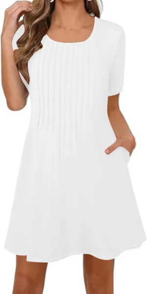 Womens Dresses Casual Loose Fit Short Sleeve Pleated Mini Dress Summer A-Line Flowy Beach Vacation Dress with Pockets