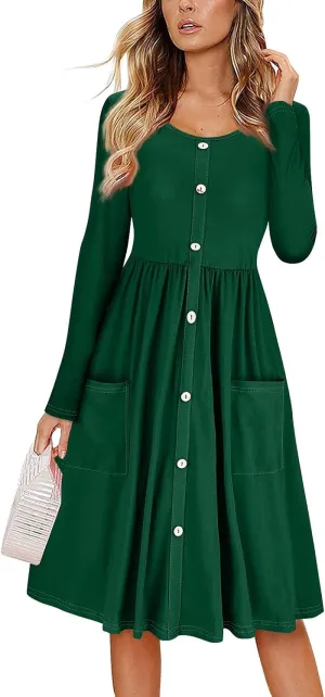 Women's Fall Casual Flowy Long Sleeve V-Neck Button Midi Dresses with Pockets