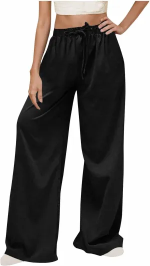 Womens Fashion Linen Pants 2025 Casual Lounge Pant Straight Leg Drawstring Loose Lightweight Trousers with Pockets
