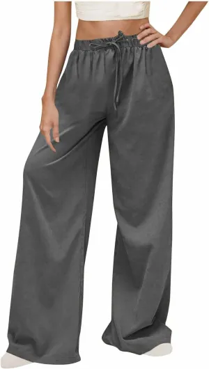 Womens Fashion Linen Pants 2025 Casual Lounge Pant Straight Leg Drawstring Loose Lightweight Trousers with Pockets