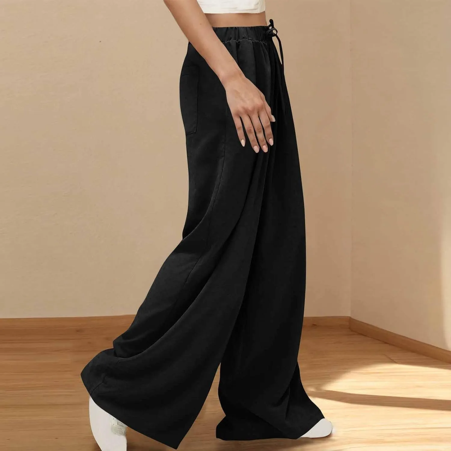 Womens Fashion Linen Pants 2025 Casual Lounge Pant Straight Leg Drawstring Loose Lightweight Trousers with Pockets