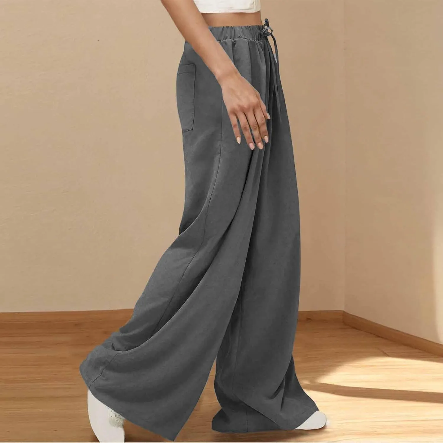 Womens Fashion Linen Pants 2025 Casual Lounge Pant Straight Leg Drawstring Loose Lightweight Trousers with Pockets