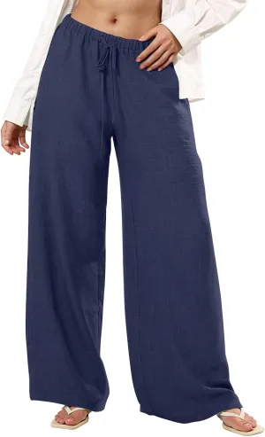 Women's Flowy Wide Leg Linen Pants Casual Beach Pants Elastic Waisted Drawstring Palazzo Trousers with Pockets