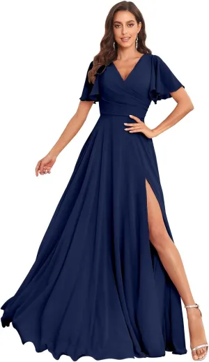 Women's Flutter Sleeves Bridesmaid Dresses V Neck A Line Chiffon Long Formal Dress with Slit