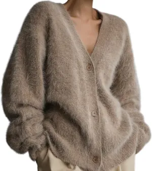 Women's Fuzzy Knit Cardigan Button Down V Neck Loose Oversized Slouchy Furry Sweater Coat Outwear