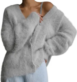 Women's Fuzzy Knit Cardigan Button Down V Neck Loose Oversized Slouchy Furry Sweater Coat Outwear