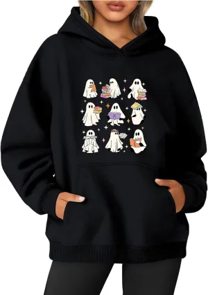 Women's Halloween Spooky Season Hoodie,Cute Ghost Graphic Sweatshirts Funny Pumpkin Face Tops Long Sleeve Hoodie 2024