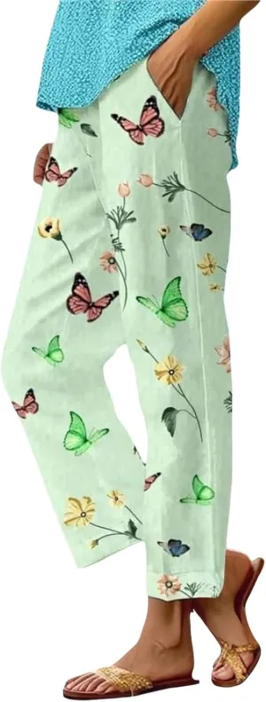 Womens High Waist Linen Pants Drawstring Loose Fit Summer Cute Graphic Casual Pants Trousers with Side Pockets