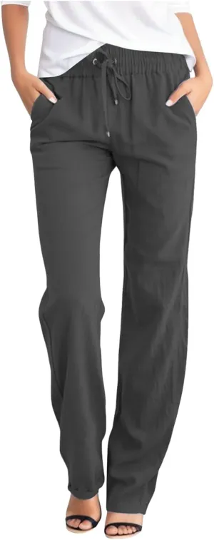 Womens High Waist Summer Linen Pants Baggy Straight Leg Casual Pants with Pockets Drawstring Comfy Lounge Trousers