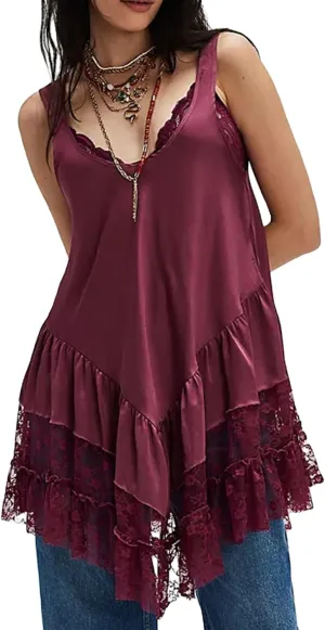 Women's Lace Flowy Mini Dress Y2k Sleevelss Backless Slip Dress Drop Waist Short Tunic Dress Lingerie Nightgown