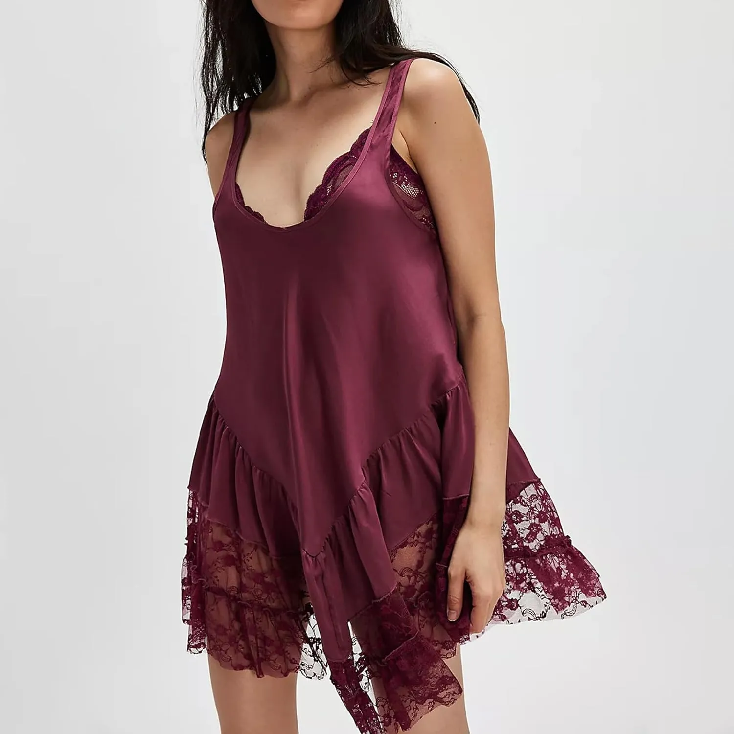 Women's Lace Flowy Mini Dress Y2k Sleevelss Backless Slip Dress Drop Waist Short Tunic Dress Lingerie Nightgown