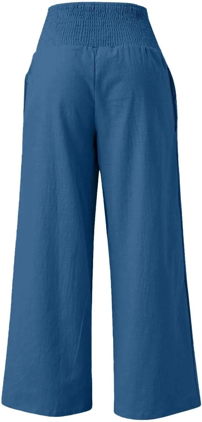 Women's Linen Palazzo Pants 2025 Summer Casual Loose Wide Leg Lounge Pants Beach Travel Vacation Outfits