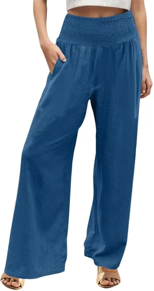 Women's Linen Palazzo Pants 2025 Summer Casual Loose Wide Leg Lounge Pants Beach Travel Vacation Outfits