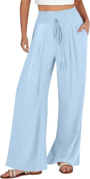 Womens Linen Pants 2025 Summer Casual Wide Leg Palazzo Pants Drawstring Smocked Waist Flowy Beach Trousers Outfits