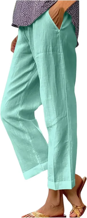 Womens Linen Pants 2025 Summer Cotton Linen Elastic High Waist Straight Leg Plus Size Casual Trousers with Pockets
