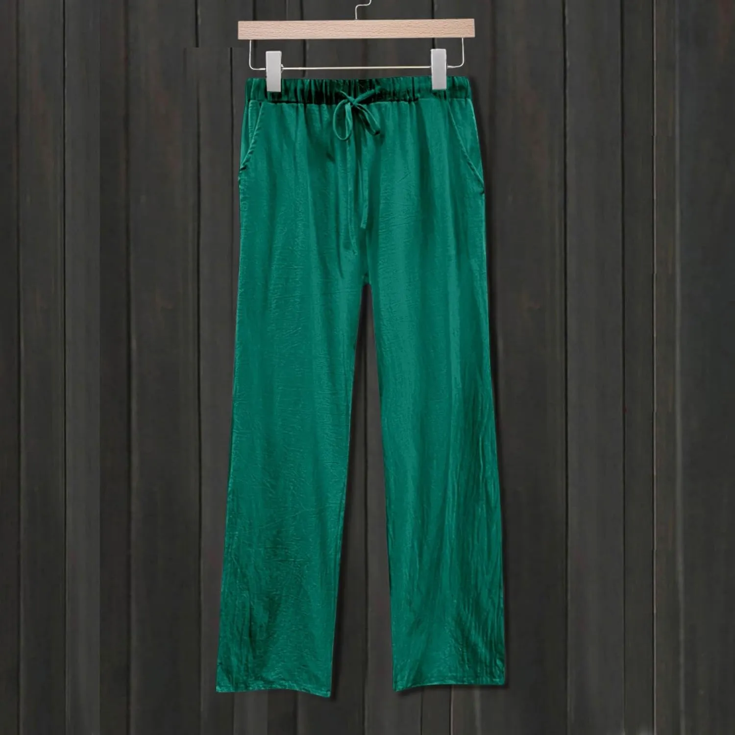 Womens Linen Pants Casual High Waist Pant Drawstring Loose Fit Beach Trousers Boho Palazzo Pants with Side Pocket