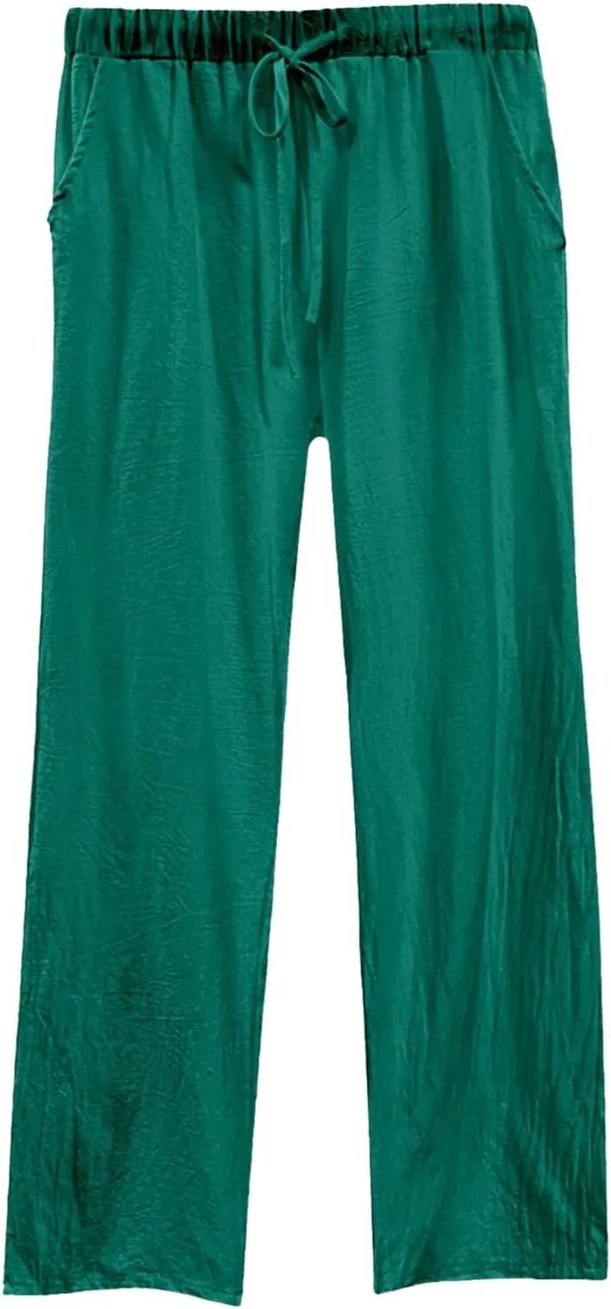Womens Linen Pants Casual High Waist Pant Drawstring Loose Fit Beach Trousers Boho Palazzo Pants with Side Pocket