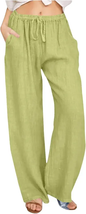 Womens Linen Pants Elastic High Waisted Wide Leg Pants Summer Palazzo Trouser Casual Flowy Drawstring Beach Outfits