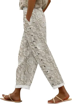Womens Linen Pants with Pockets High Waist Comfy White Gauze Pants Straight Leg Casual Lightweight Loose Trousers