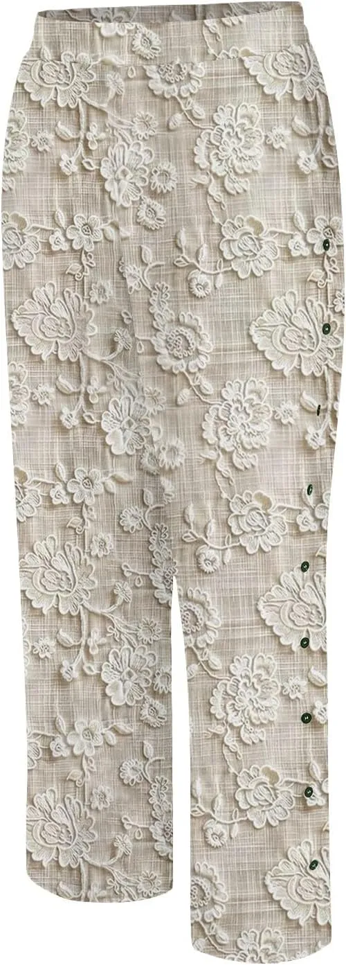 Womens Linen Pants with Pockets High Waist Comfy White Gauze Pants Straight Leg Casual Lightweight Loose Trousers