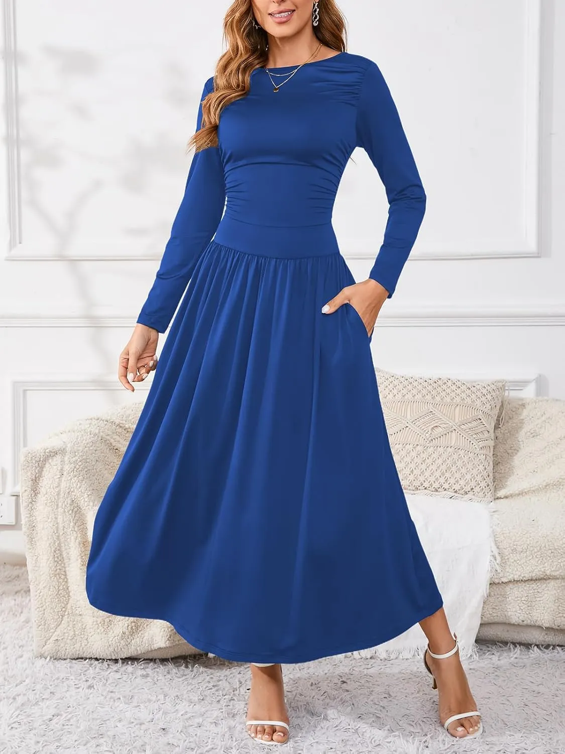 Women's Maxi Dress Long Sleeve Boat Neck Plain Empire Waist Casual Winter Party Long Dresses with Pockets