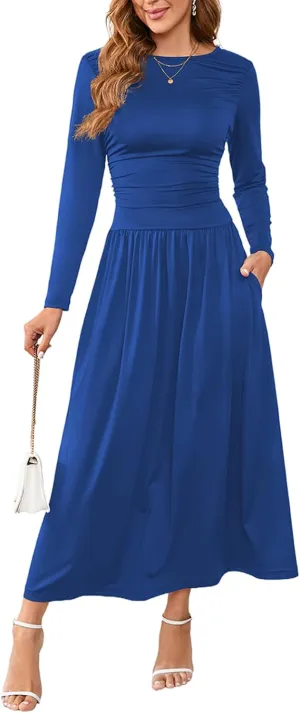 Women's Maxi Dress Long Sleeve Boat Neck Plain Empire Waist Casual Winter Party Long Dresses with Pockets