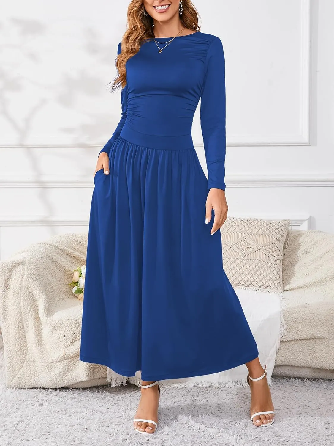 Women's Maxi Dress Long Sleeve Boat Neck Plain Empire Waist Casual Winter Party Long Dresses with Pockets