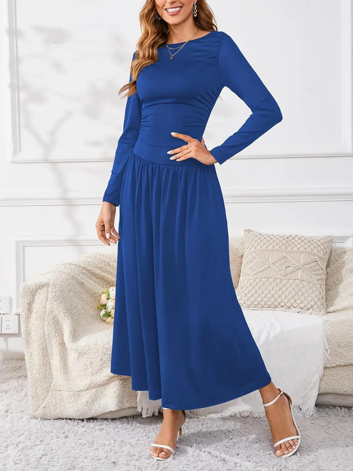 Women's Maxi Dress Long Sleeve Boat Neck Plain Empire Waist Casual Winter Party Long Dresses with Pockets