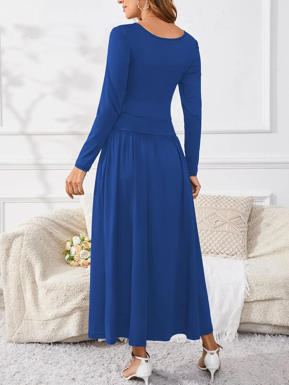 Women's Maxi Dress Long Sleeve Boat Neck Plain Empire Waist Casual Winter Party Long Dresses with Pockets