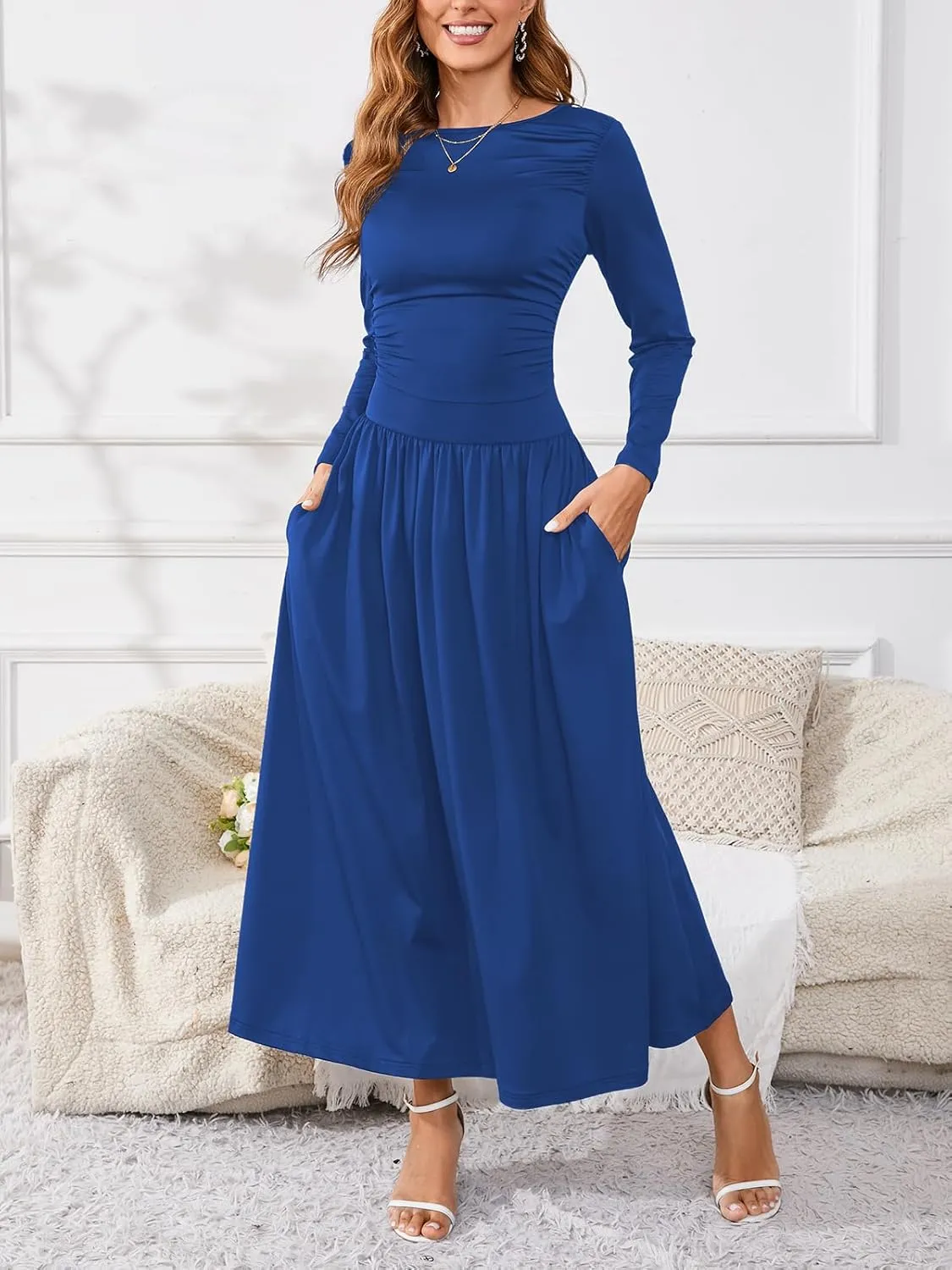 Women's Maxi Dress Long Sleeve Boat Neck Plain Empire Waist Casual Winter Party Long Dresses with Pockets