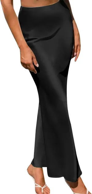 Womens Midi Skirt High Waisted Solid Satin Dress Zipper Elegant Work Skirts Stretch Office Straight Spit Skirt