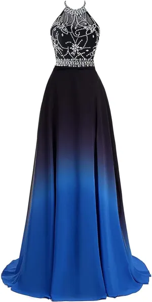 Women's Ombre Chiffon Bridesmaid Dresses Long Sequins Beaded Prom Party Dress for Juniors Plus