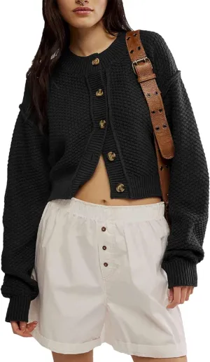 Women's Oversized Cropped Cardigan Sweater Open Front Long Sleeve Button Down Knit Outwear